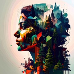 Poster - Abstract portrait of a woman with colorful geometric shapes and forest landscape merging into her profile, symbolizing nature and human connection