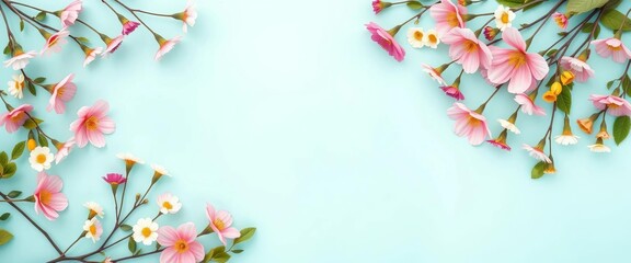 Fototapete - Pastel turquoise background, fresh blooms & leaves form a border frame Minimal spring floral flat lay with copy space, greeting card, image
