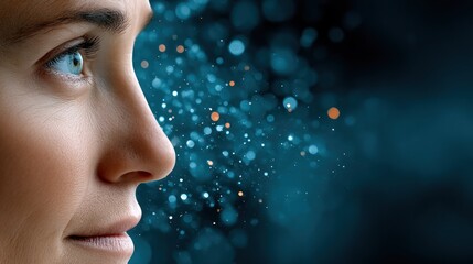 Poster - woman's profile close up showing breath particles blue background