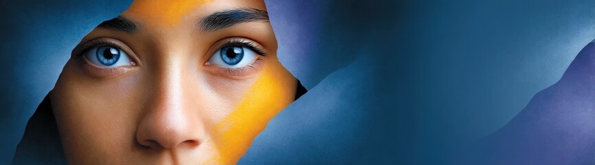 Leinwandbilder - Woman's Face Partially Hidden Behind Blue and Purple Abstract Texture with Yellow Paint