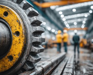 Aufkleber - Industrial Factory Gear Closeup Large Metal Cogwheel with Workers Blurred in Background