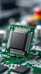 Aufkleber - Close up of a Microchip on a Green Circuit Board Technology Innovation Concept