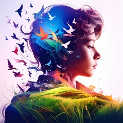 Poster - Young Boy with Colorful Birds and Nature in Surreal Artwork