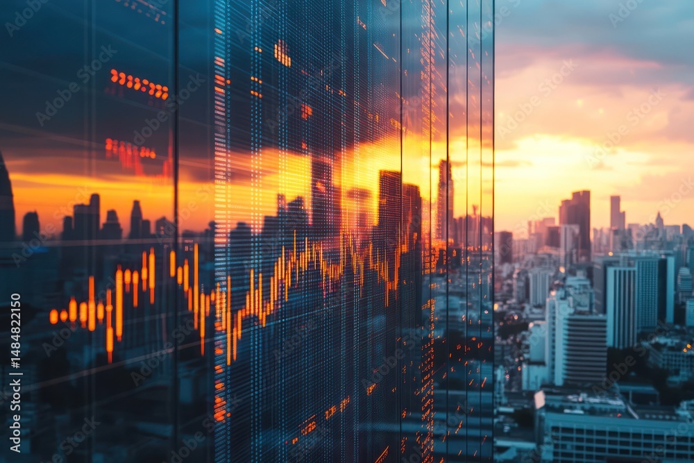 City skyline with stock market graph reflected on building at sunset ...