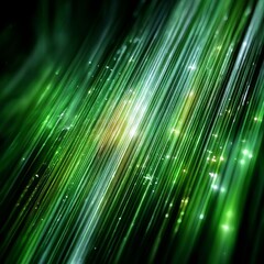 Fototapete - Abstract Green Streaks:  A dynamic display of light and color with glittering particles across diagonal luminous lines.