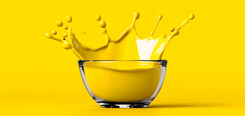 Poster - Vibrant Yellow Paint Splashes in a Glass Bowl Against a Bright Background
