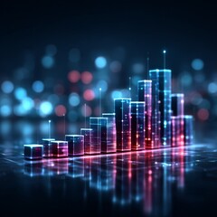 Poster - Glowing Data Growth Chart: Abstract Digital Business Success Visualization with Cityscape Background