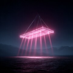 Fototapete - Neon Portal: Pink Light Beams from a Suspended Grid Illuminating a Dark, Mystical Landscape at Night