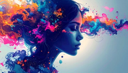 Poster - Vibrant Colorful Abstract Portrait of a Woman with Artistic Hair