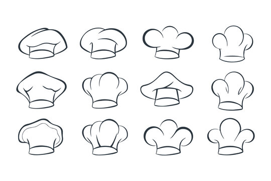 Line Art Set of Chef Hat Icons. Minimalist Hand Drawn Kitchen and Culinary Symbols for Restaurant, Bakery, or Cooking Logo Design Vector Illustration