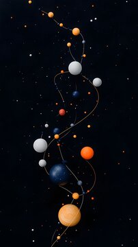 Abstract Cosmic Sphere Composition with Orange Blue and White Spheres on Dark Background
