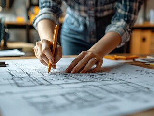 Poster - Architect woman hands working on blueprint on wooden desk for a home renovation project