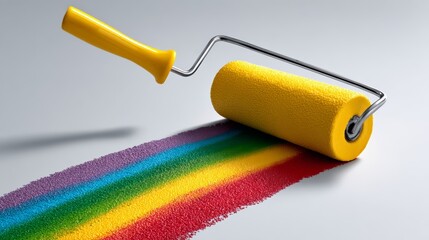 Poster - Paint roller is used to paint a rainbow on a wall. The rainbow is made up of many different colors, including red, orange, yellow, green, blue, and purple. Concept of creativity and fun