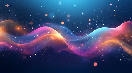 Poster - Abstract wavy background with floating particles shining brightly against deep blue cosmic backdrop gentle curves of color