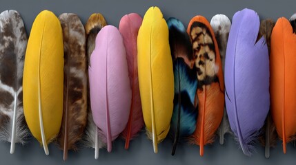 Poster - Row of colorful feathers, including yellow, pink, orange, and purple, are arranged in a line