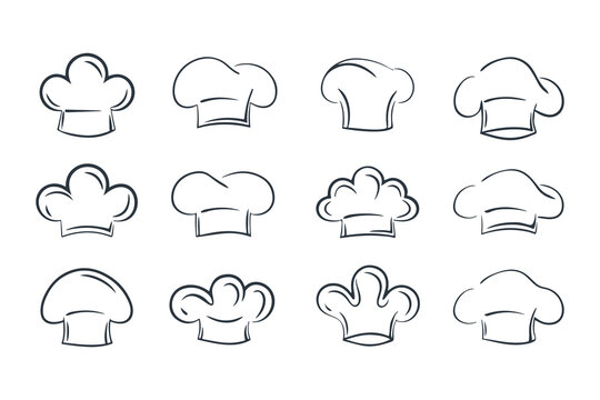 Line Art Set of Chef Hat Icons. Minimalist Hand Drawn Kitchen and Culinary Symbols for Restaurant, Bakery, or Cooking Logo Design Vector Illustration