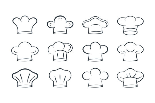 Line Art Set of Chef Hat Icons. Minimalist Hand Drawn Kitchen and Culinary Symbols for Restaurant, Bakery, or Cooking Logo Design Vector Illustration
