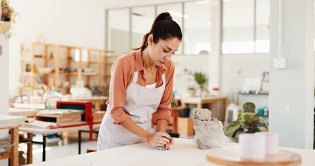 Poster - Pottery, designer and woman in workshop with clay for design, sculpture and learning skills in studio. Creative, startup and person with ceramic object for DIY hobby, craft and handmade product