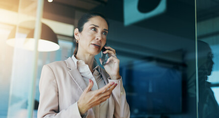 Poster - Phone call, business and woman in office by window for discussion, corporate meeting and planning. Professional, finance consultant and person on smartphone for contact, communication and talking