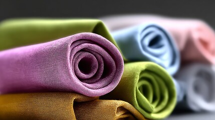 Poster - Stack of colorful fabric rolls, each with a different color. The rolls are arranged in a way that they look like they are being rolled up, and they are all different sizes