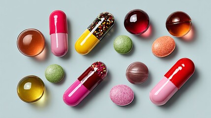 Poster - Colorful assortment of pills and tablets are scattered across a table. The pills come in various shapes and sizes, with some being round and others being oval