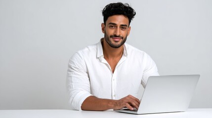 Poster - Man with a beard and a white shirt is sitting at a desk with a laptop. He is smiling and he is happy