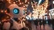© Tania - Cute robot with glowing eyes amid festive city night lights