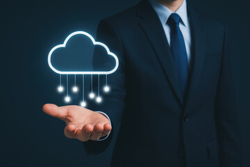 Poster - Businessman Presenting Cloud Technology Concept with Digital Rain Effect in Dark Environment
