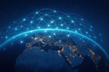 Poster - Global Network Connection Concept with Bright Lights Over European and African Continents