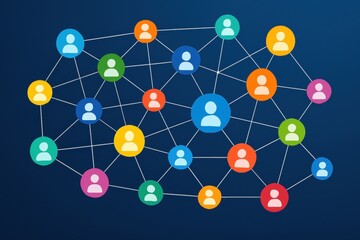 Poster - Colorful Social Network Connection Design with Icons on Dark Background for Digital Concepts