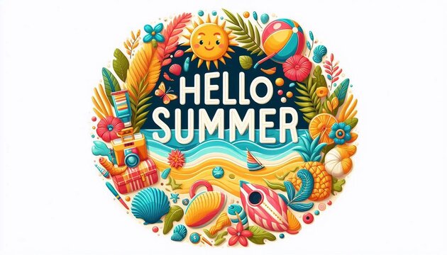 Hello summer, greeting text in round white frame with colorful beach element. Beach concept