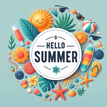 Hello summer, greeting text in round white frame with colorful beach element. Beach concept