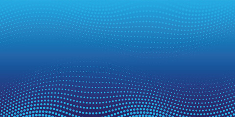 Poster - Flowing dots particles wave pattern 3D curve halftone blue gradient curve shape isolated on dark blue background. blue background for banner, cover, and presentation
