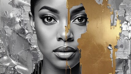 Poster - Elegant portrait showcasing a woman's beauty juxtaposed with striking gold and abstract textures
