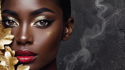 Poster - Striking portrait highlighting golden accents and abstract background, showcasing radiant beauty and elegance
