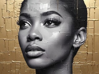 Poster - Stunning portrait of a woman against a gold abstract background showcasing beauty and elegance in a modern artistic style