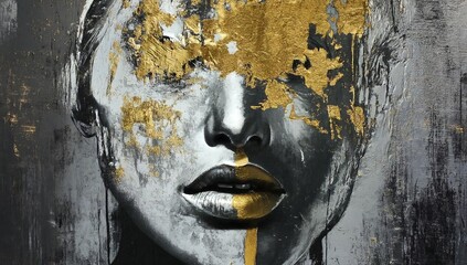 Poster - Portrait highlighting an abstract golden face with striking textures and hints of artistic decay