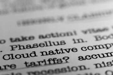 Leinwandbilder - Cloud native computing. Text printed on a page. A piece of paper with a phrase written in retro typewriter font