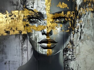 Poster - Portrait of a woman with gold accents and abstract features, blending elegance and modern artistry in an intricate design