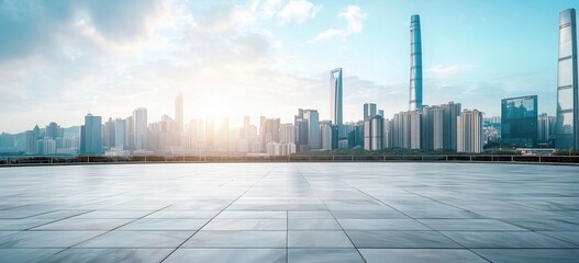 Panoramic city skyline view: empty marble square floor for product showcase, daytime landscape photography