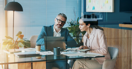 Poster - Paperwork, laptop and business people in office with discussion for company investment deal. Computer, documents and finance manager with investor client for meeting with dividend report in workplace