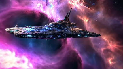 Poster - Fractal spacecraft navigating vibrant cosmic nebulas in a distant galaxy, Alien fractal spacecraft flying through cosmic nebula, 3d seamless