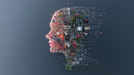 ai avatar transforming: colorful data mosaic face profile