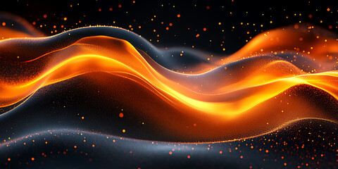 Poster - Abstract wavy background with glowing orange light and dark gradient with sparkling particles