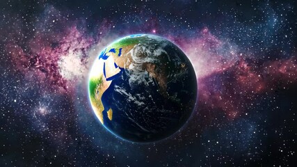 Poster - Expansive view of Earth in outer space with vibrant cosmic background and swirling galaxies, earth in space seamless ing video background