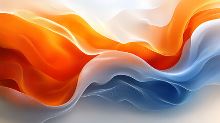 Poster - Abstract wavy background with orange and blue gradient mesh flowing smoothly creating dynamic motion with delicate lines on white backdrop suggesting fluidity and modern aesthetic