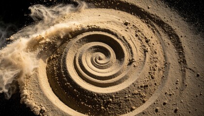 Poster - Spinning sand swirl indoor studio abstract art dark background close-up view dynamic motion concept