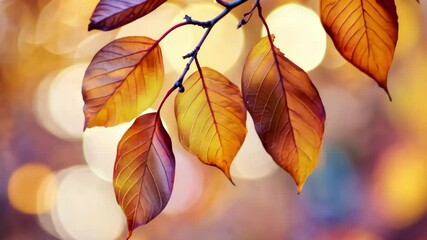 Poster - Vibrant autumn leaves catching warm sunlight in a serene natural environment, Closeup of autumn leaves in warm sunlight with vibrant colors and bokeh background
