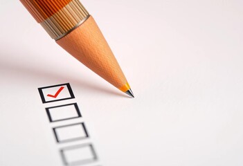 Wall Mural - Close-up of an orange pen marking a checklist box, closeup, workspace