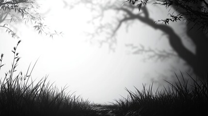 Poster - Foggy Forest Path Grayscale Landscape with Silhouetted Trees